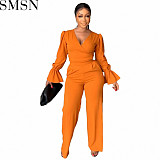 2 piece outfits casual fashion flared sleeves solid color two piece set