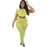 Two piece outfits fashion urban leisure mesh sexy cutout T shirt one step skirt two piece suit