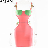 Casual Dress Color Contrast Patchwork Slip Dress Summer Fashion Sexy Waist Hollow out Dress for Women
