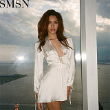 Plus Size Dress puff sleeve lace up waist controlled backless dress summer sexy fashion V neck flounced skirt