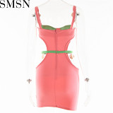 Casual Dress Color Contrast Patchwork Slip Dress Summer Fashion Sexy Waist Hollow out Dress for Women
