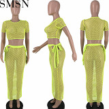Two piece outfits fashion urban leisure mesh sexy cutout T shirt one step skirt two piece suit