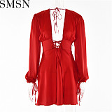Plus Size Dress puff sleeve lace up waist controlled backless dress summer sexy fashion V neck flounced skirt