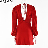 Plus Size Dress puff sleeve lace up waist controlled backless dress summer sexy fashion V neck flounced skirt