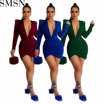 Plus Size Dress Amazon new autumn and winter V neck padded shoulder velvet cocktail party sexy dress