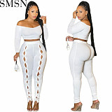 2 piece set women 2022 Autumn New Amazon sexy solid color off shoulder hollow navel two piece set