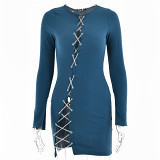 Fashion Women Dress solid color Casual Dress Chain lace hollow sexy dress