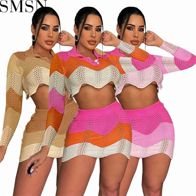 2 piece outfits 2022 spring and summer fashion polo shirt woolen long sleeve slim hip skirt two piece set
