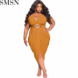 Plus Size Dress solid color deep V sexy tight split long large size women dress (no belt)