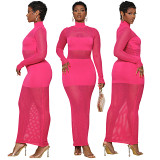 Plus Size Dress Amazon Popular Sexy Solid Color Mesh Stitching Long Sleeves Dress