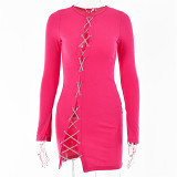Fashion Women Dress solid color Casual Dress Chain lace hollow sexy dress