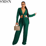 Two piece set women clothing Amazon autumn and winter New short top lace up pleated sexy casual suit
