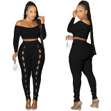 2 piece set women 2022 Autumn New Amazon sexy solid color off shoulder hollow navel two piece set