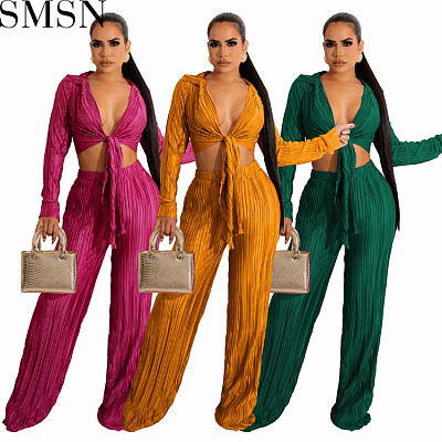 Two piece set women clothing Amazon autumn and winter New short top lace up pleated sexy casual suit