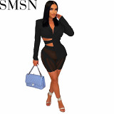 2 piece outfits fashion hot sale solid color suit mesh stitching tied two piece set