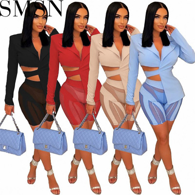 2 piece outfits fashion hot sale solid color suit mesh stitching tied two piece set