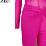 2 piece set women Amazon cross border sexy mesh reverse side line split jumpsuit skirt suit