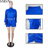 Two Piece Set Women Clothing fashion solid color tassel long sleeve shorts sports suit with pockets