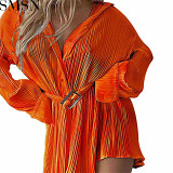 Plus Size Dress Amazon New Fashionable Pleated Long Sleeve Cinched Blouse Belt Dress