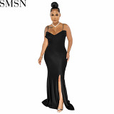 Plus Size Dress European and American fashion women wear suspender pleated wrapped chest solid color dress
