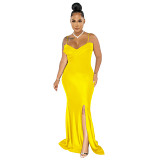 Plus Size Dress European and American fashion women wear suspender pleated wrapped chest solid color dress