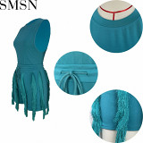 2 piece set women Amazon Sleeveless Vest Drawstring Tassel Casual Solid Color Two Piece Set