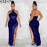 Plus Size Dress Amazon Sequin See-through Solid Color Sleeveless Halter Dress
