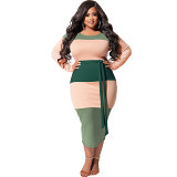 Plus Size Dress autumn new patchwork color with belt fashion tight large size women dress