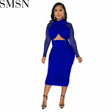 Plus Size Dress Amazon Fashion Women Mesh Long Sleeve Solid Color Wrapped Chest Navel Dress