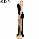 Plus Size Dress Amazon Sequin See-through Solid Color Sleeveless Halter Dress
