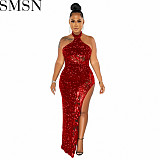 Plus Size Dress Amazon Sequin See-through Solid Color Sleeveless Halter Dress