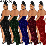 Plus Size Dress Amazon Sequin See-through Solid Color Sleeveless Halter Dress