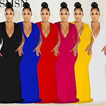 Plus Size Dress European and American Solid Color and V neck Tassel Sleeveless Maxi Dress Women