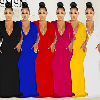 Plus Size Dress European and American Solid Color and V neck Tassel Sleeveless Maxi Dress Women