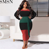 Plus Size Dress autumn new patchwork color with belt fashion tight large size women dress