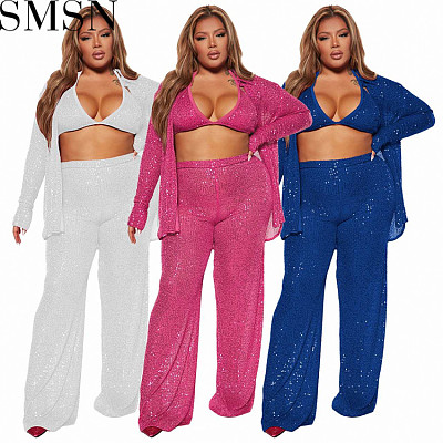 Three piece set women clothing autumn bra sequined shirt straight leg trousers three piece set