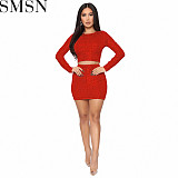 Two piece outfits 2022 autumn round neck long sleeve sequined party slim fit hip skirt two piece set