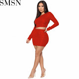 Two piece outfits 2022 autumn round neck long sleeve sequined party slim fit hip skirt two piece set