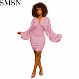 Plus Size Dress European and American Women Clothing Autumn and Winter Pleating Puff Sleeve Dress