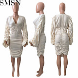 Plus Size Dress European and American Women Clothing Autumn and Winter Pleating Puff Sleeve Dress
