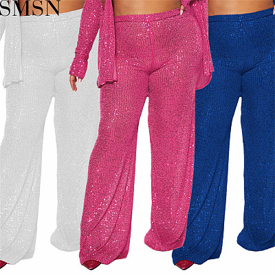 European and American women autumn high waisted stretch sequin straight leg floor length pants