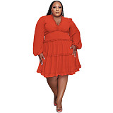 Plus Size Dress autumn and winter new solid color V neck sexy woven large swing skirt large size women dress