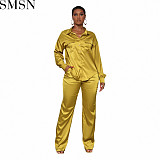 Two Piece Outfits Amazon women clothing autumn and winter elastic satin fabric casual two piece suit