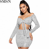 Two piece outfits 2022 autumn and winter off shoulder long sleeve sequined lace up sexy skirt party two piece set