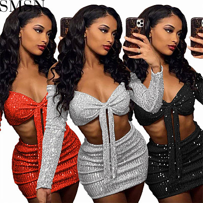 Two piece outfits 2022 autumn and winter off shoulder long sleeve sequined lace up sexy skirt party two piece set