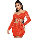 Two piece outfits 2022 autumn and winter off shoulder long sleeve sequined lace up sexy skirt party two piece set