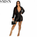 One piece jumpsuit 2022 autumn and winter V neck low cut sexy pleated lace up casual jumpsuit