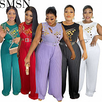 Romper jumpsuit round neck sleeveless rhinestone casual loose pleated jumpsuit women with belt