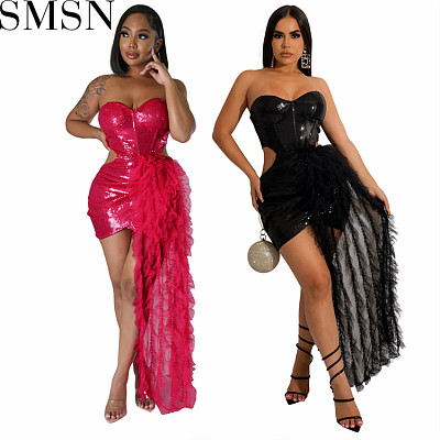 Plus size dress Sexy sleeveless breast mesh stitching bag hip skirt party sequin dress