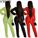 Bodycon jumpsuit 2022 autumn and winter low cut sexy lapel long sleeve draping pleated jumpsuit